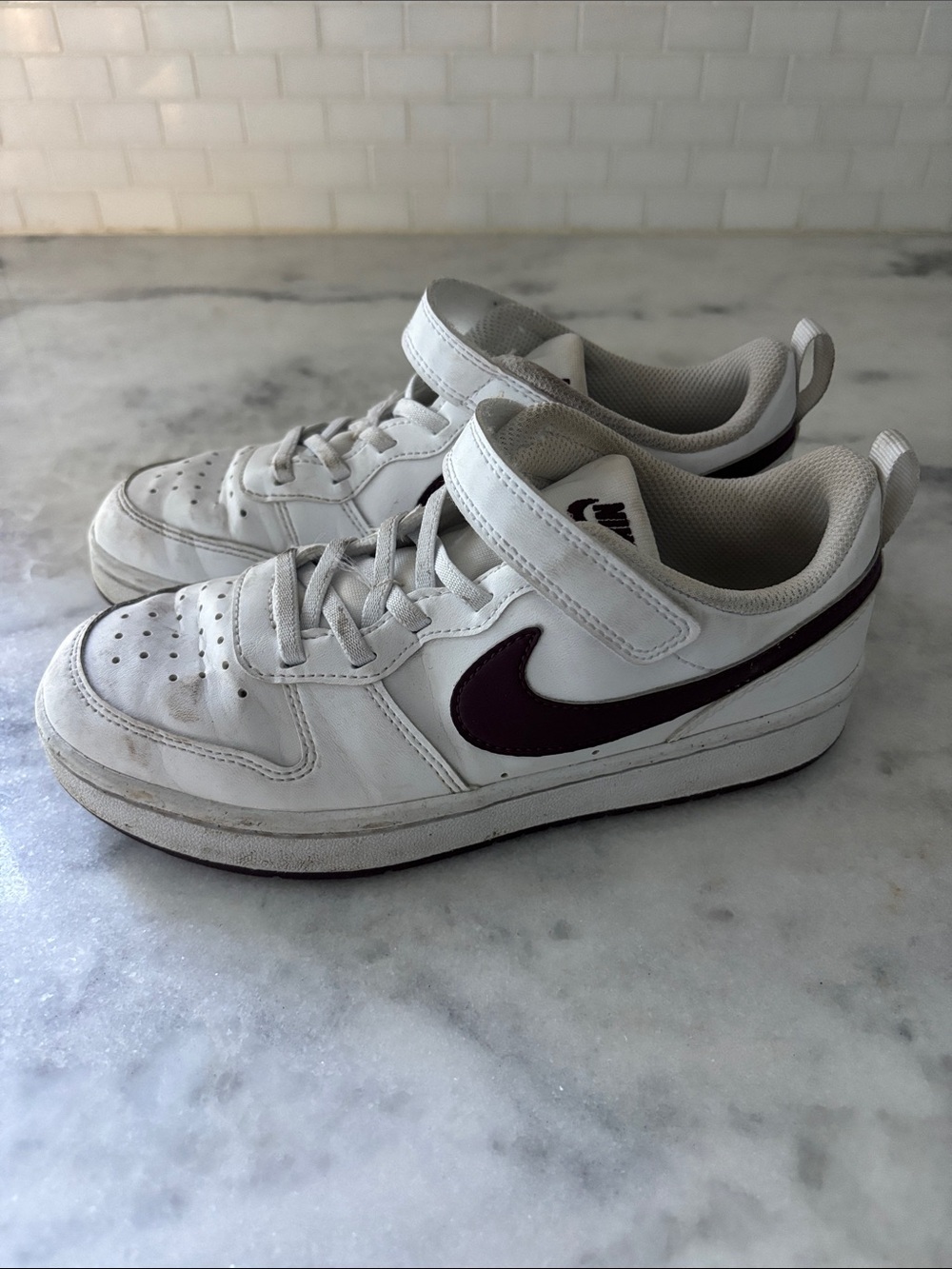 Nike Kids White Sneakers with Dark Purple Swoosh